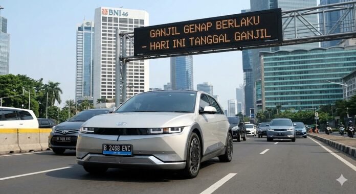 Ilustrasi mobil listrik melintas di jalur ganjil genap
