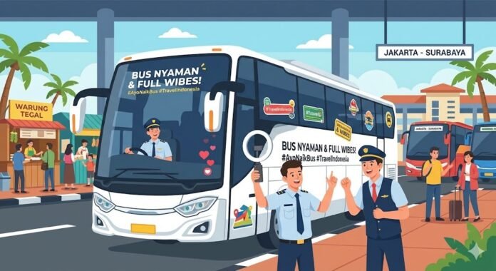 Ilustrasi awak bus membuak konten media sosial untuk menarik penumpang