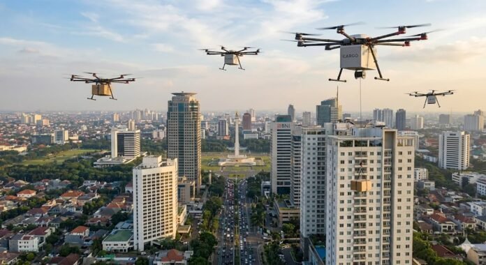 Ilustrasi pengiriman paket menggunakan drone di kota besar