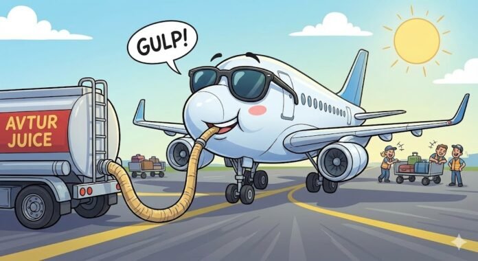 Ilustrasi sebuah peswat sedang minum bahan bakar