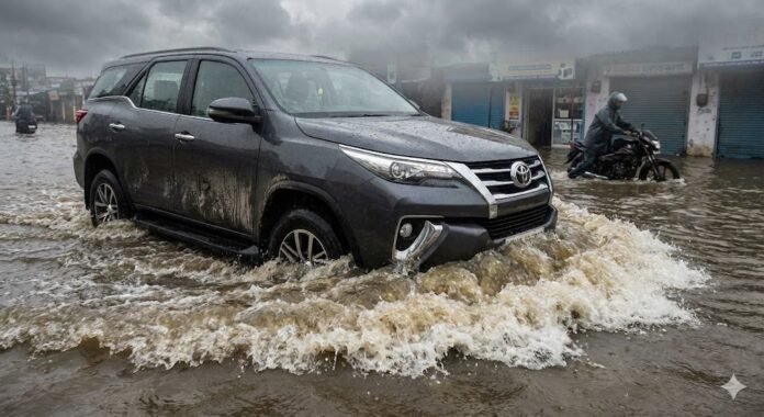 Ilustrasi sebuah mobil menerjang banjir