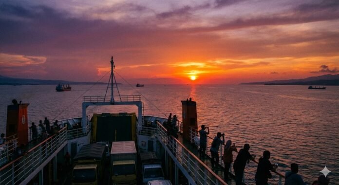 Ilustrasi suasana senja di selat sunda