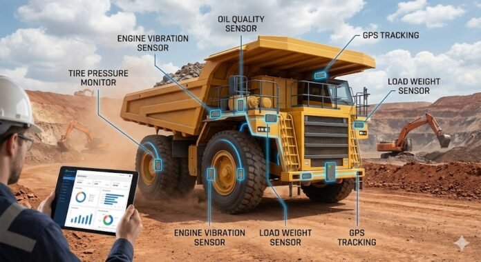 Ilustrasi pemasangan sensor pada dump truck di kawasan tambang